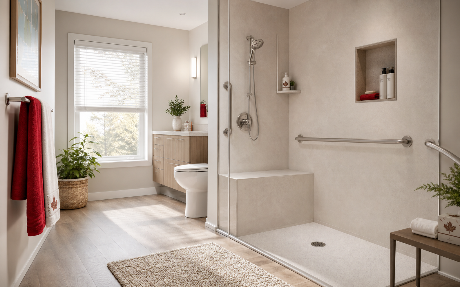 A bright EasyBath-style bathroom with a low-threshold shower, grab bar, built-in bench, and Canadian red towel accents